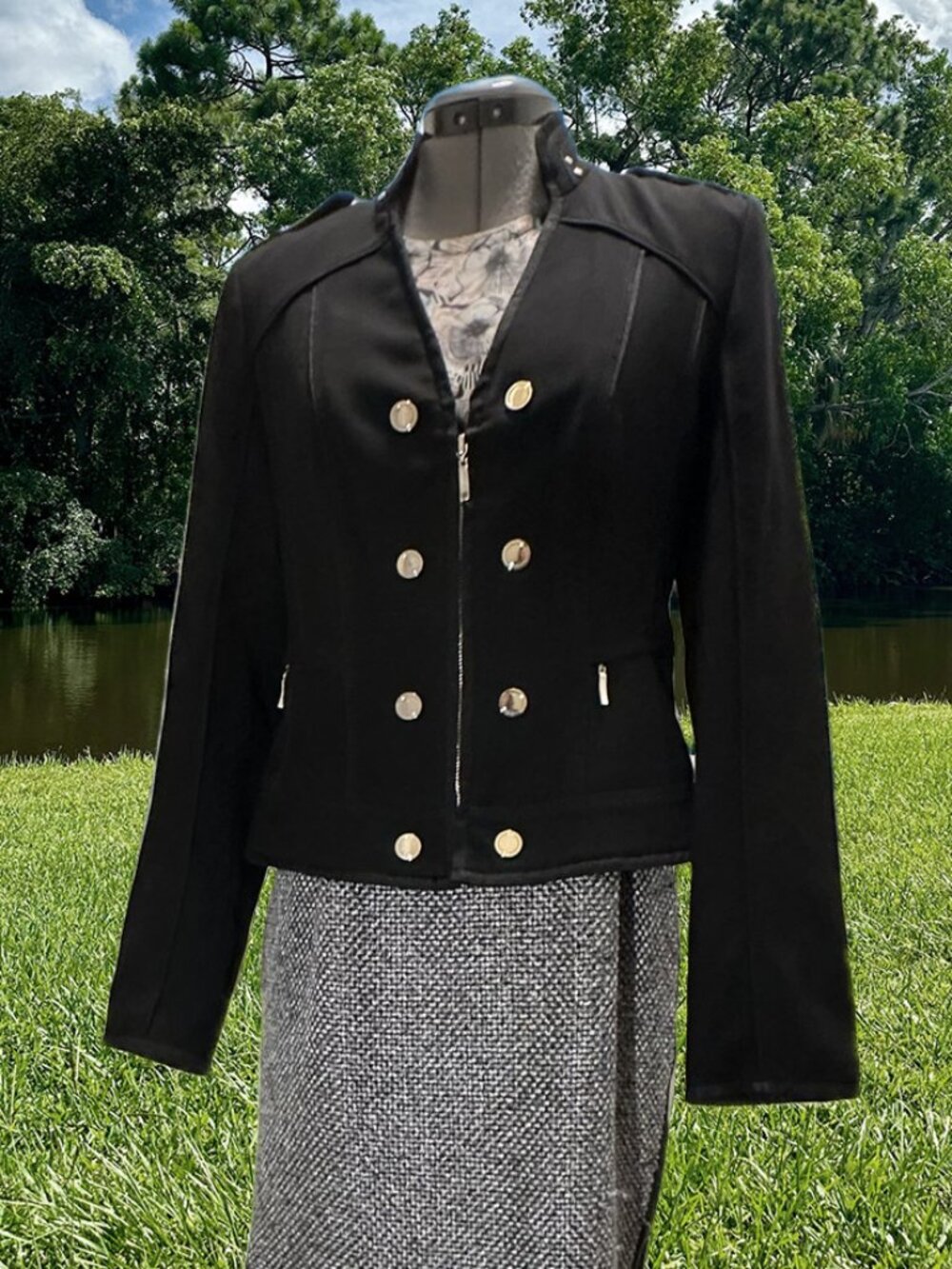 WHBM Military Womans Blazer Zip Up Jacket Mandarian Collar Black Silver EUC 6